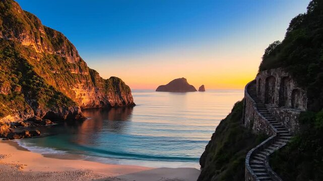 Stone staircase on cliff overlooking tropical beach at sunset