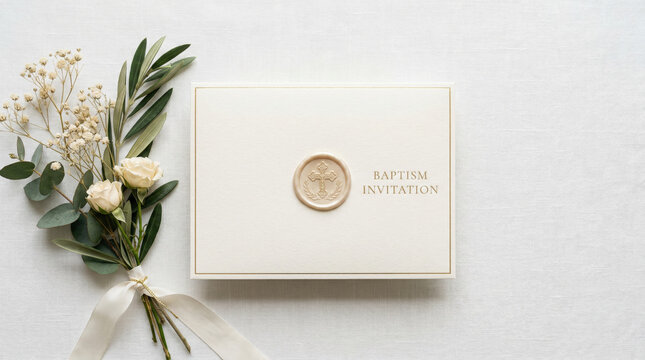 Baptism invitation card with wax seal and white flower bouquet. Elegant stationery for children religious ceremony. Minimalist celebration paper design with gold border on fabric.