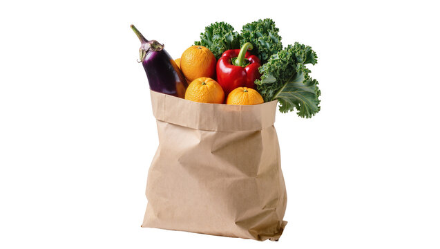 Brown paper bag overflowing with vibrant eggplant oranges red bell pepper, and kale