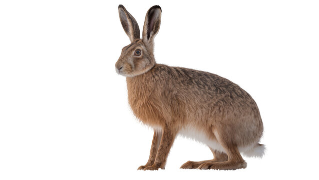 Brown European hare standing alert, observing with large ears and watchful eyes