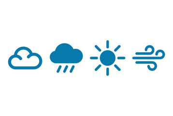 Obraz premium Set of Weather Forecast Blue Icons Isolated on White Background, Minimalist Vector Symbols for Cloud, Rain, Sun and Wind Blowing Effect Design