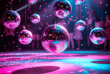 A vibrant party scene with disco balls, confetti, and people dancing on a dance floor.