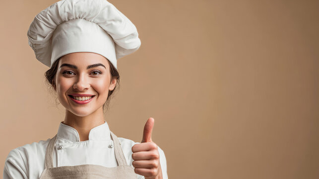 Talented female chef smiling and giving thumbs up in a well-lit kitchen setting