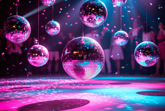 A vibrant party scene with disco balls, confetti, and people dancing on a dance floor.