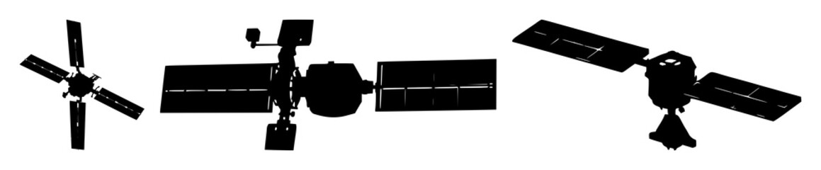 Solid black silhouette of a deep-space orbital satellite with solar wings, space exploration and tech theme, white background. set with simple line art design featuring simple design, minimalist, b... © MDShohan