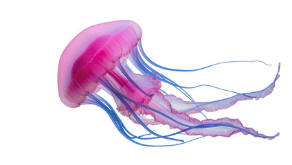 Translucent pink jellyfish pulsing displaying long blue tentacles and delicate, flowing form © Eva