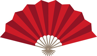Illustration of a traditional folding hand fan in vibrant red tones, fully opened to display its symmetrical pleated design. © Anita Permatawaty