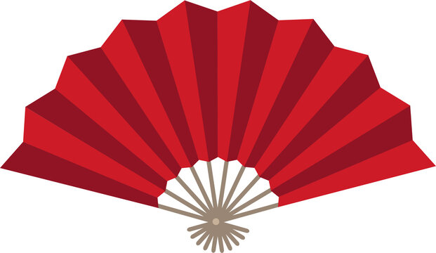 Illustration of a traditional folding hand fan in vibrant red tones, fully opened to display its symmetrical pleated design.