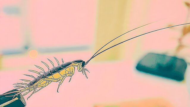 House centipede close-up, insect in natural environment
