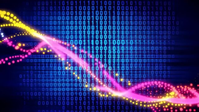 This showcases a stunning digital wave pattern set against a futuristic grid background, with vibrant neon colors and dynamic movement, illustrating the flow of data and information in a virtual space