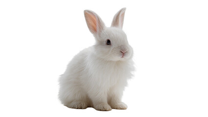 Obraz premium Fluffy snow-colored rabbit sitting, attentively gazing forward with pink nose