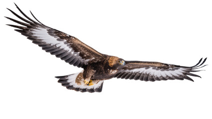 Obraz premium Golden eagle soaring, displaying powerful wingspan and sharp focused gaze