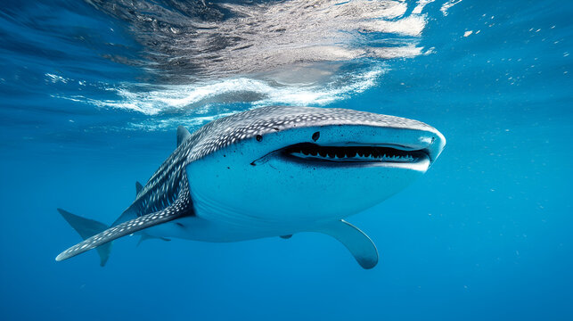Majestic Whale Shark Swimming Near the Water Surface with Remoras Attached