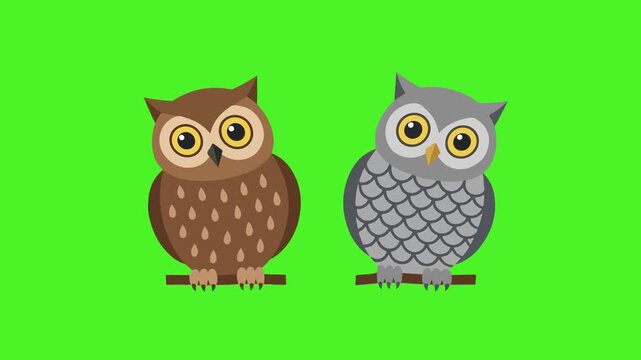 Two cartoon owls on branches green.