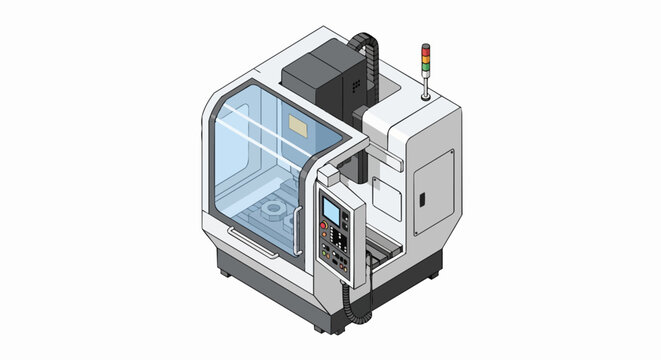 Isometric CNC Milling Machine Illustration - Industrial Metalworking Equipment for Engineering, Manufacturing, and Smart Factory Concepts