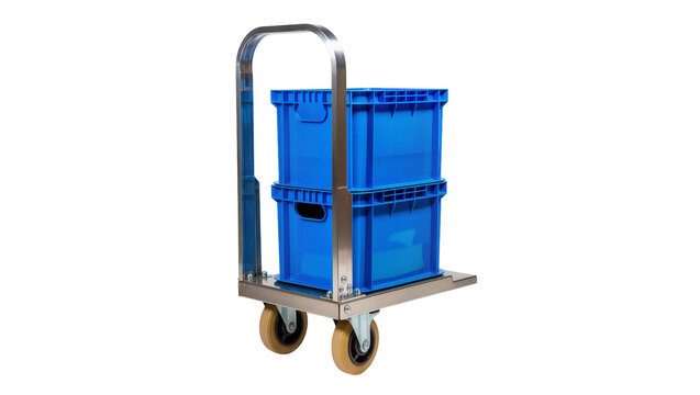 Stackable blue plastic storage crates resting atop a stainless steel rolling hand truck