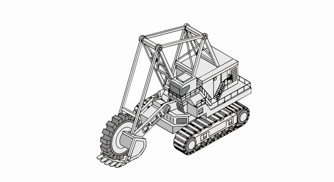 Isometric Technical Drawing of a Heavy Duty Bucket Wheel Excavator for Industrial Mining