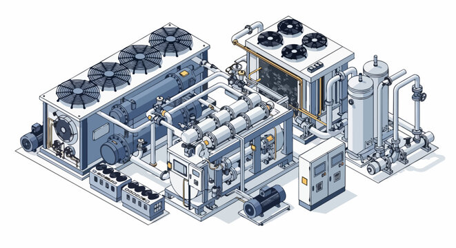 Isometric Industrial Chiller System Illustration with Cooling Towers, Pipelines, and HVAC Components for Engineering and Manufacturing
