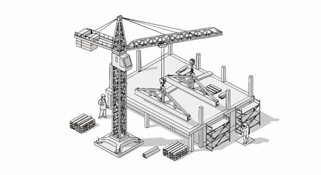 Isometric Construction Site Line Art with Tower Crane, Building Structure, and Workers. Minimalist Architectural Engineering Outline Illustration on White Background.