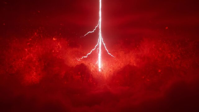 Dramatic depiction of intense lightning strike with a fiery red backdrop