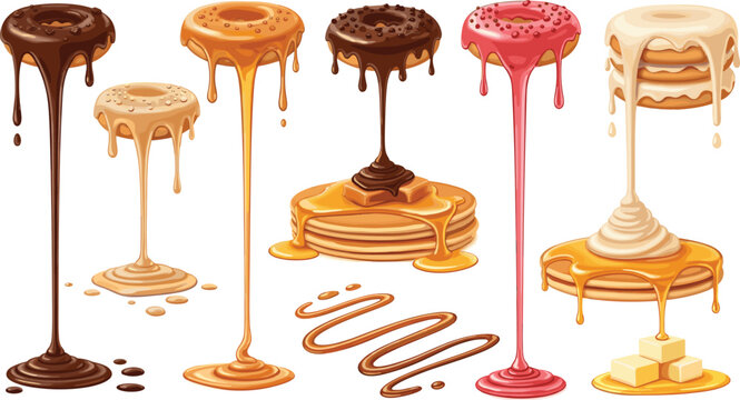 Sweet caramel and chocolate dripping dessert collection with syrup glaze pours, glossy liquid candy topping vector set isolated on white background