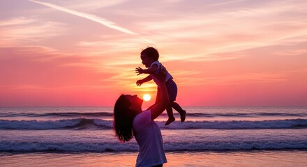 Fototapeta premium Silhouette of a mother lifting her child at sunset on a beach mother's day background wallpaper poster banner download 2026 2027