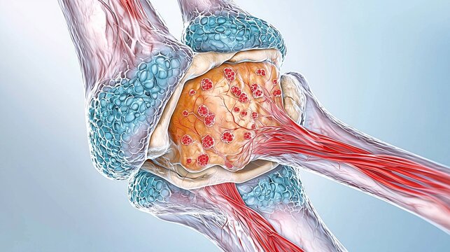 Illustration of a synovial joint affected by lupus arthritis, inflamed synovial membrane thickened with pannus formation, joint fluid accumulation visible, cartilage erosion beginning