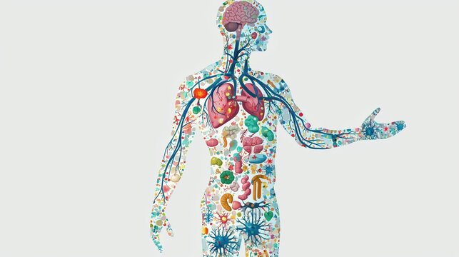 Medical infographic illustration of a transparent human body silhouette showing all organs affected by systemic lupus erythematosus, heart lungs kidneys brain skin and joints highlighted 
