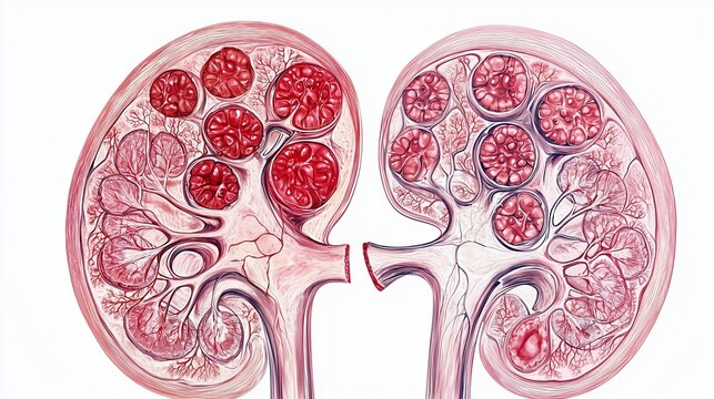 Anatomical medical illustration of kidney cross-section showing lupus nephritis damage, inflamed glomeruli highlighted, comparison between healthy and damaged kidney tissue side by side