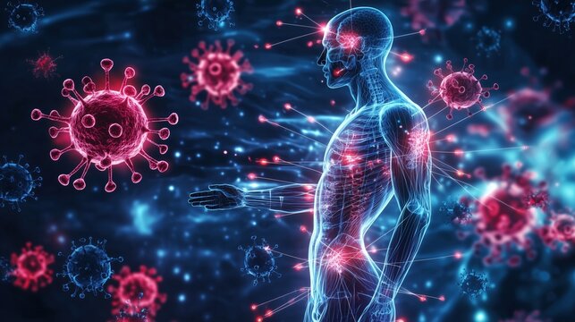 Medical illustration showing autoimmune system attacking healthy organs in lupus disease, antibodies and white blood cells visualized as 3D microscopic elements