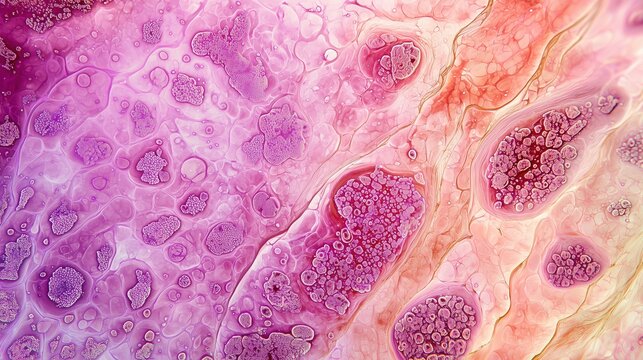 Medical illustration of lupus skin biopsy microscopic view, showing immune complex deposits at dermal-epidermal junction, inflammatory cell infiltration