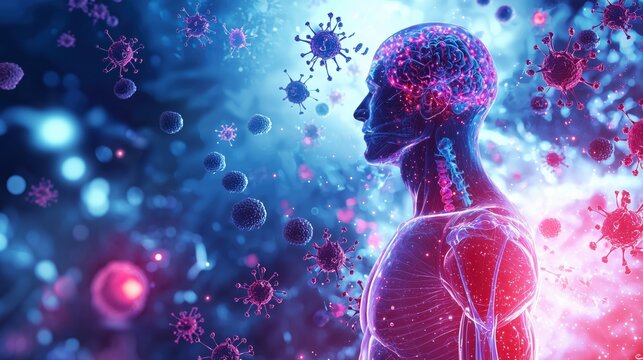 Medical illustration showing autoimmune system attacking healthy organs in lupus disease, antibodies and white blood cells visualized as 3D microscopic elements