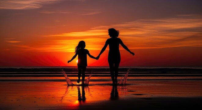 Silhouette of mother and child running on beach at sunset mother's day background wallpaper poster banner download 2026 2027 1