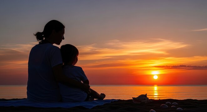Silhouette of mother and child sitting on beach at sunset mother's day background wallpaper poster banner download 2026 2027