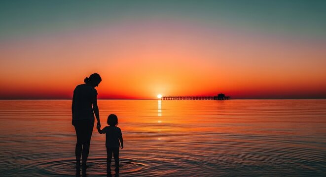 Silhouette of mother and child standing in shallow water at sunset with pier mother's day background wallpaper poster banner download 2026 2027