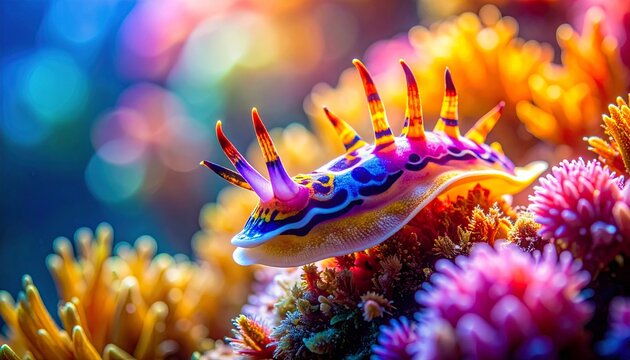 Vibrant nudibranch amidst colorful coral reef, a captivating underwater scene.