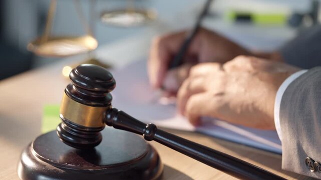 Judge strikes gavel on wooden base. Hand writes document beside gavel. Scales of justice visible in blurred background