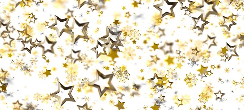 Festive background featuring gold stars and snowflakes floating on a white canvas. Ideal for holiday designs, Christmas cards, and seasonal proj