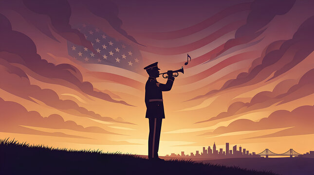 Military Bugler Silhouette Playing Trumpet Taps at Sunset with American Flag in Clouds and City Skyline for Memorial Day or Veterans Day Concept