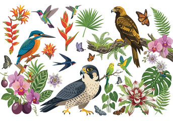 Naklejka premium Vector illustration set of tropical birds including eagle, falcon, kingfisher, and hummingbird with exotic flowers and leaves isolated on white background.
