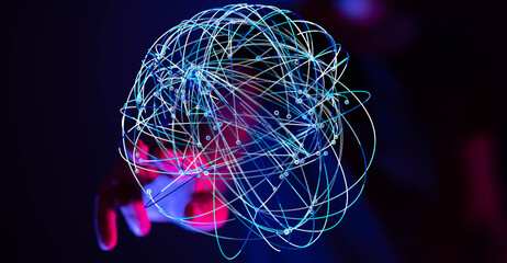 Abstract image showing a hand holding a glowing sphere of interconnected lines, representing a...