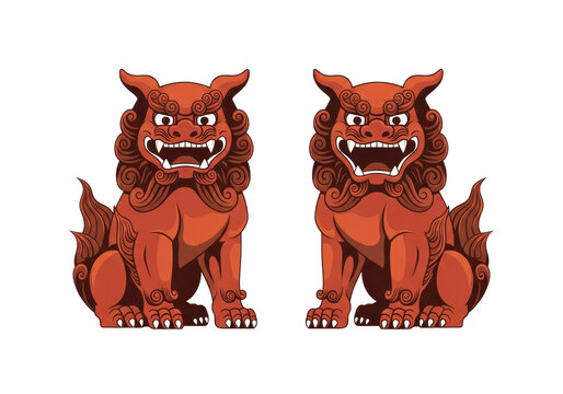 a pair of stylized okinawan shisa statues in deep terracotta and umber brown, flat vector illustration on a transparent background, symbolizing protection and balance concept of japanese iconography