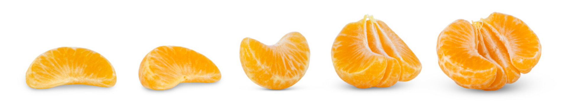 Peeled mandarin, orange, clementine or tangerine slices isolated. Half of tangerine, cut in a slice of clementine isolated.