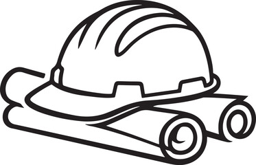 Fototapeta premium Minimalist construction helmet resting on rolled blueprint line icon engineering safety concept vector illustration