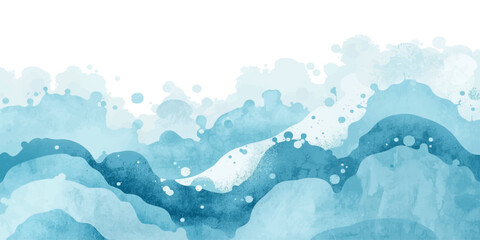 A serene winter landscape of abstract blue ice and water features a white glacier mountain under a sunny sky with waves rippling across the cold arctic sea © Asad Shehbaz