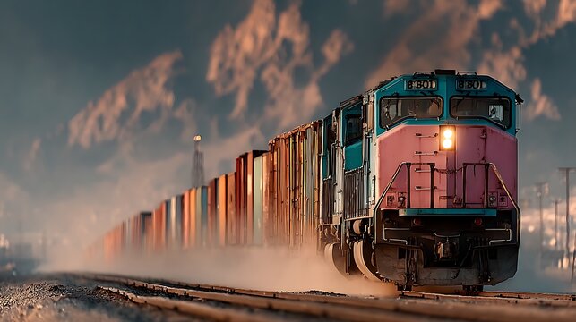 Intermodal freight train carrying stacked shipping containers transportation logistics concept pictures​