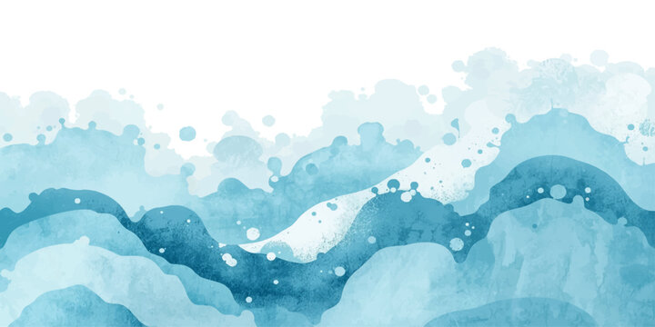 An abstract winter landscape featuring blue ice and white snow on the cold water of a glacier lake under a sunlit sky with waves and distant mountains