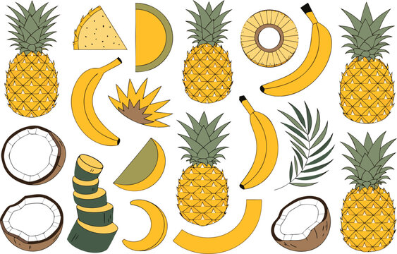 Assorted exotic fruits and tropical leaves vector icons