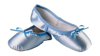 Pale blue satin ballet slippers, neatly stacked with matching ribbons © Eva
