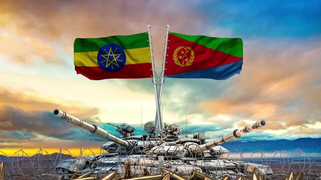 Waving flags of Ethiopia and Eritrea atop military tanks animation